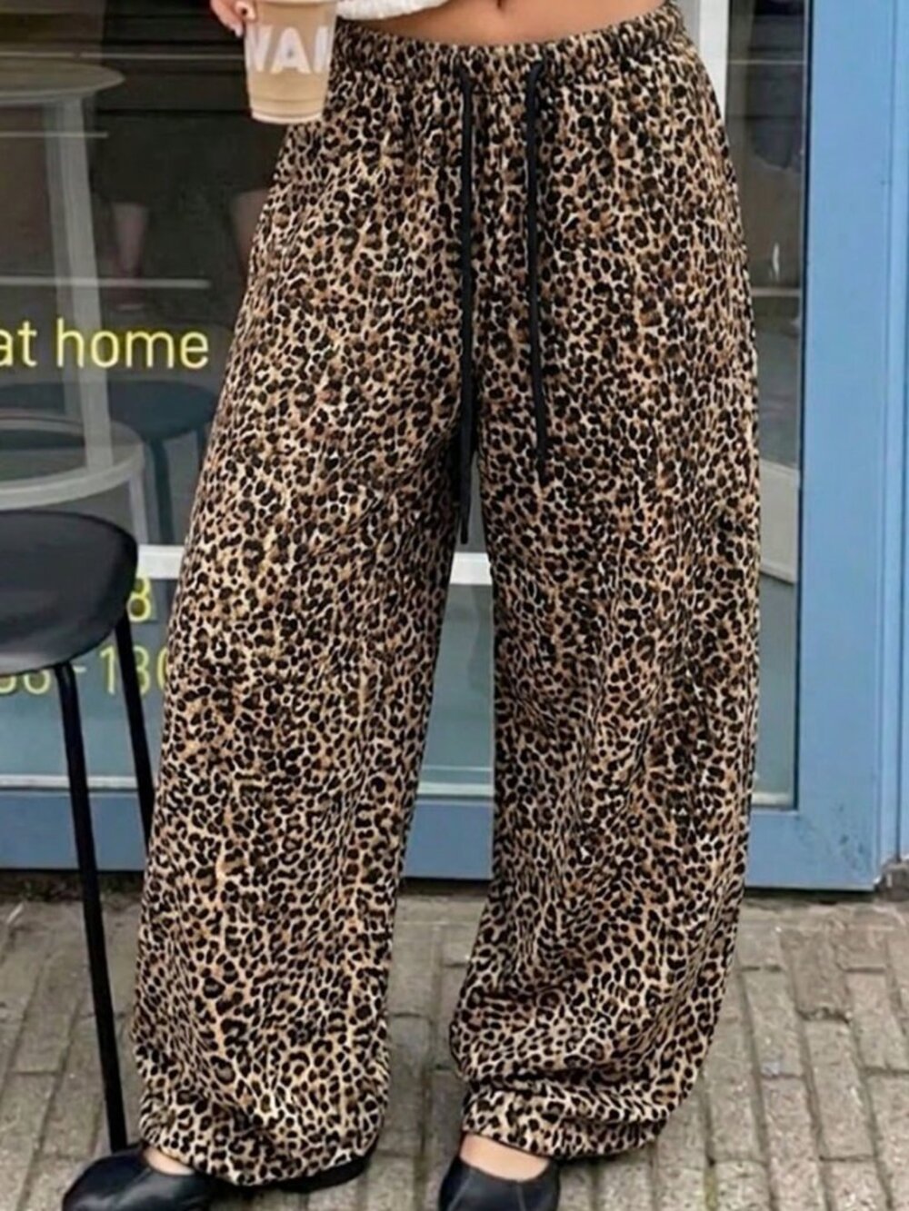 Brown Casual Women's Loose Fit Leopard Print Drawstring Waist Wide Leg Pants - Picture 3 of 5